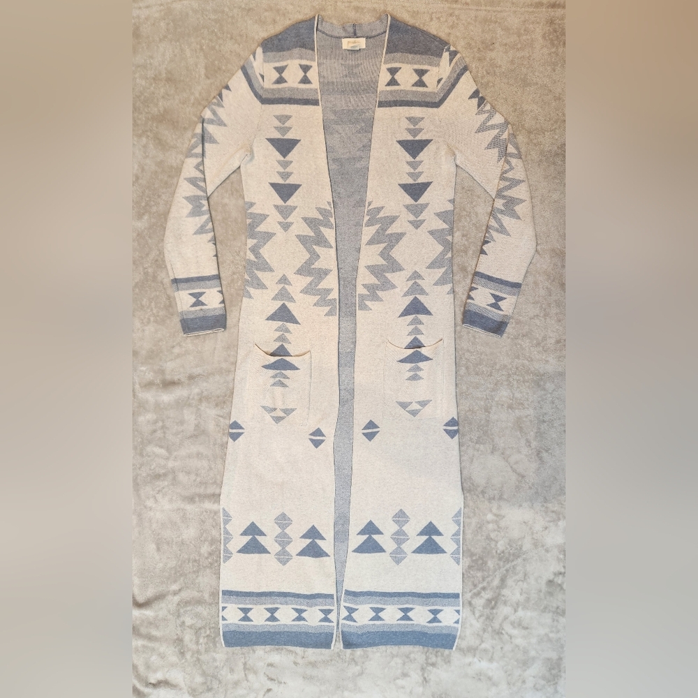 Kaisley for Anthropologie Long Open Duster with Tribal Aztec Geometric Pattern